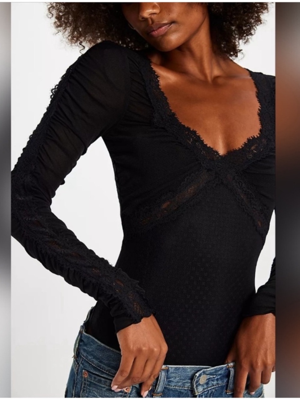 Free people black forever young lace ruched sleeve bodysuit XL NWT